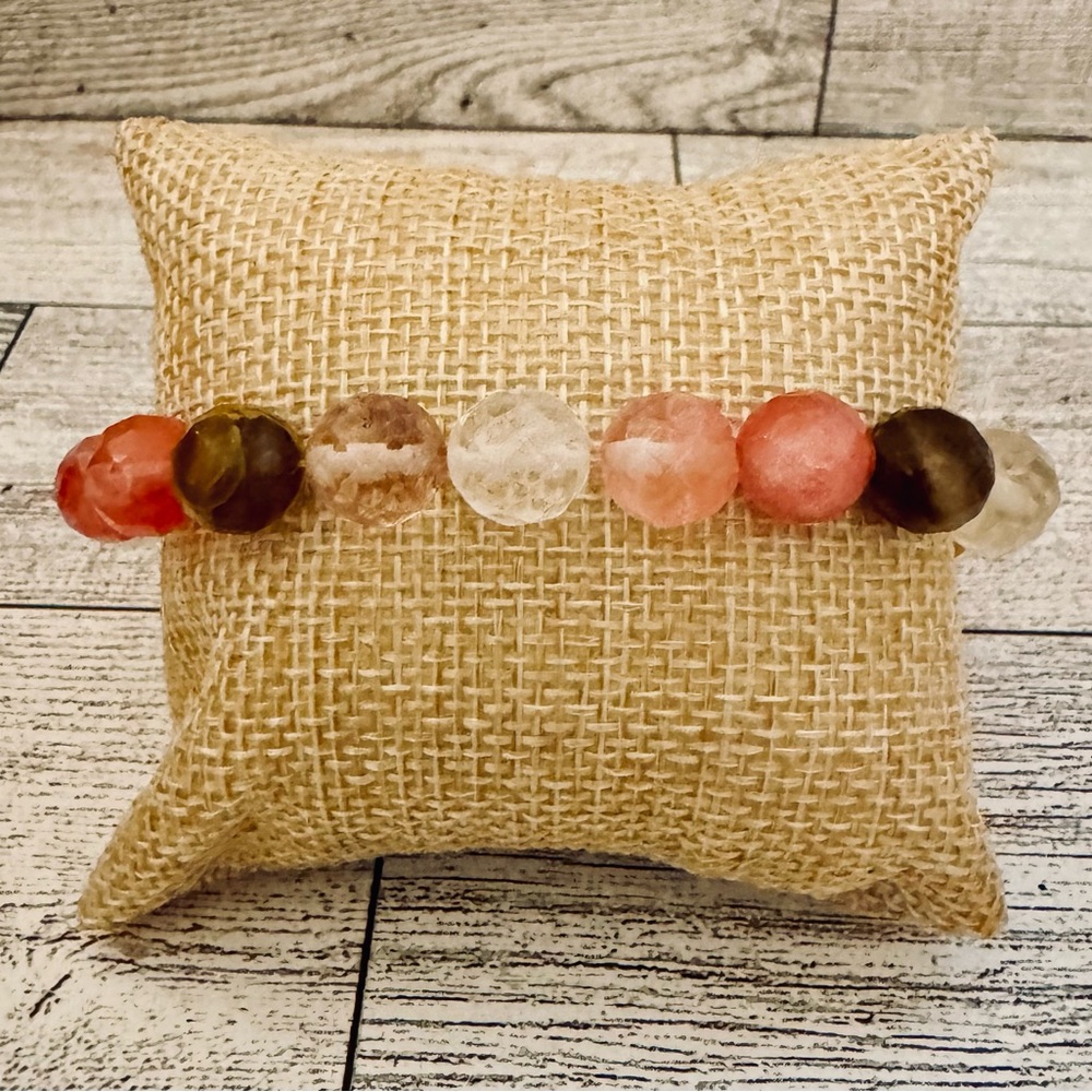 Pink Brown Clear Faceted Bead Stretch Bracelet